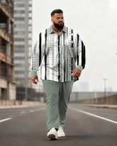 Big & Tall Men's Business Green Striped Print Long Sleeve Shirt Pants Set